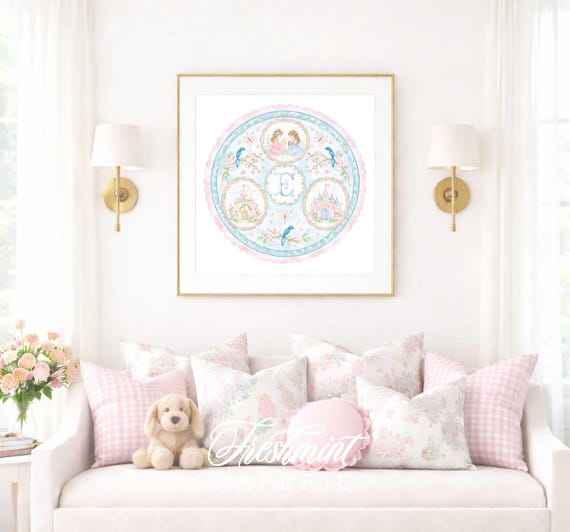 Medallion Wall Art, Dollhouse, Princess, Monogram, Rose Medallion, Grandmillennial, Watercolor, Cherry Blossom