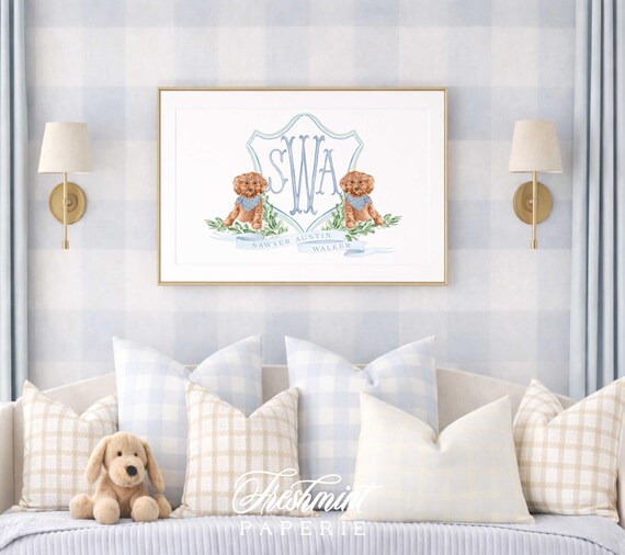 Doodle Wall Art, Nursery Print, Monogram, Baby Boy Nursery, Goldendoodle, Puppy, Grandmillennial