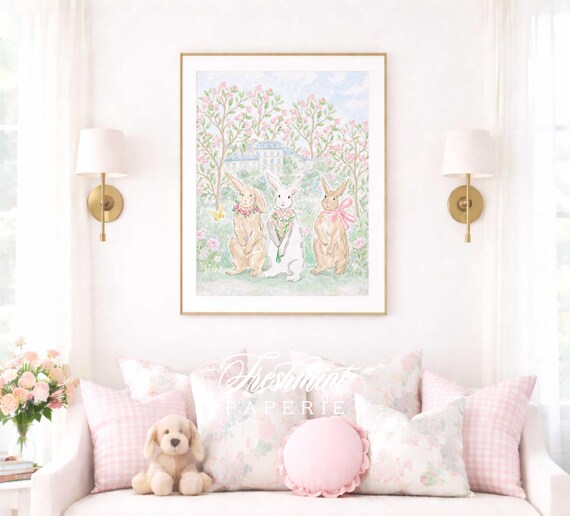 Bunny Nursery wall art, Watercolor, Grandmillennial, Floral