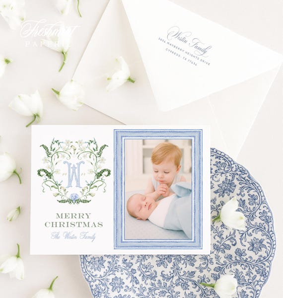 Chinoiserie Christmas Photo Cards: Blue Watercolor Holiday Cards