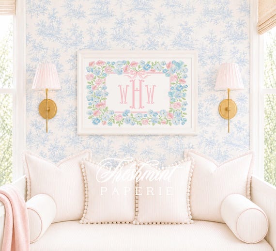 Watercolor Floral Monogram Nursery Art: Pink Ribbon, Baby Girl