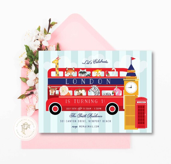 Zoo invitation - Safari invitation - London invitation - london zoo invitation - woodland animals invitation - zoo animals Bus invite