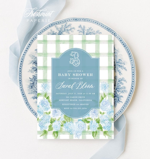 Blue Hydrangea Baby Shower Invitation, Monogram