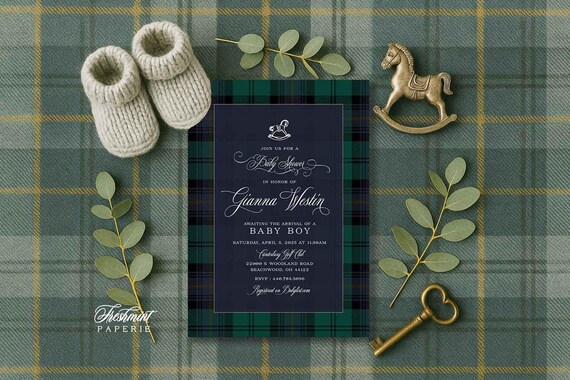 Classic Plaid Baby Shower Invitation, Rocking Horse, Equestrian, Polo, Navy, Green, Tartan Invitation, Rocking Horse invitation, Plaid