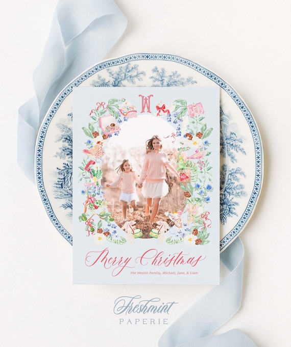 Floral Photo Christmas Cards, Whimsical Watercolor Holiday Cards