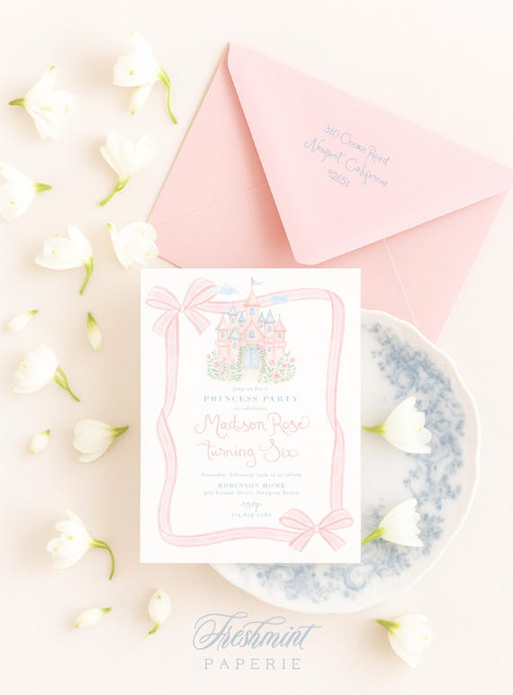 Princess Birthday Invitation: Castle Invitation, Pink Bow, Grandmillennial