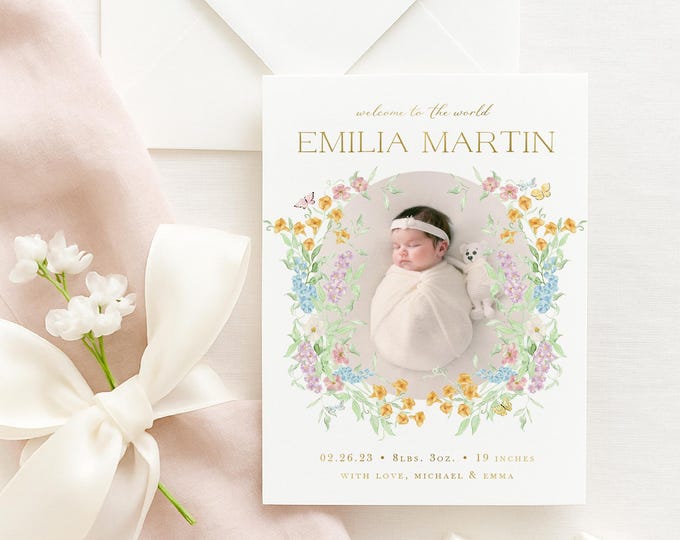 Watercolor Floral Crest Baby Announcement with Butterflies