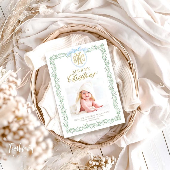 Floral Wreath Photo Christmas Card, Monogram Holiday Card