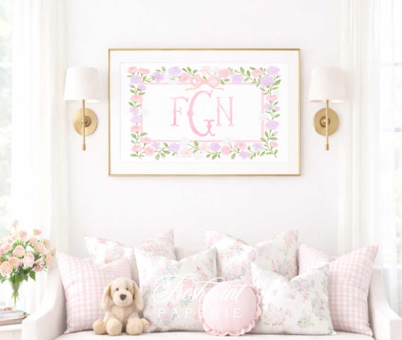 Watercolor Floral Monogram Nursery Wall art: Pink & Lavender