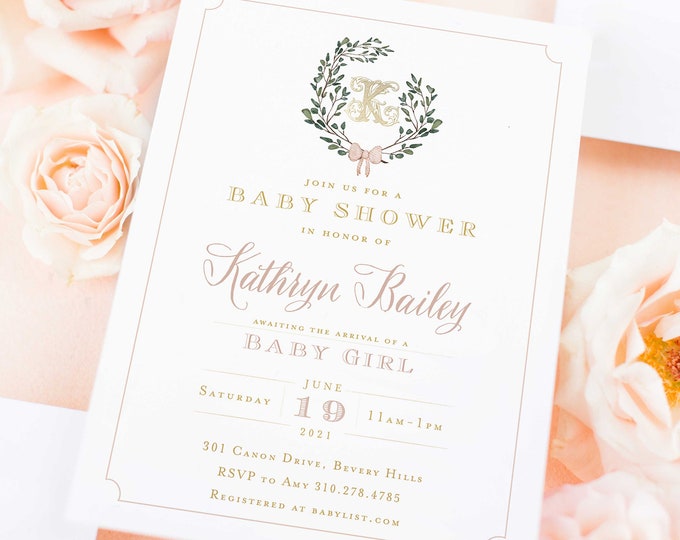Monogram Baby Shower Invitation - baby shower invitation - baby shower invitation - wreath ribbon invitation - Pink baby shower