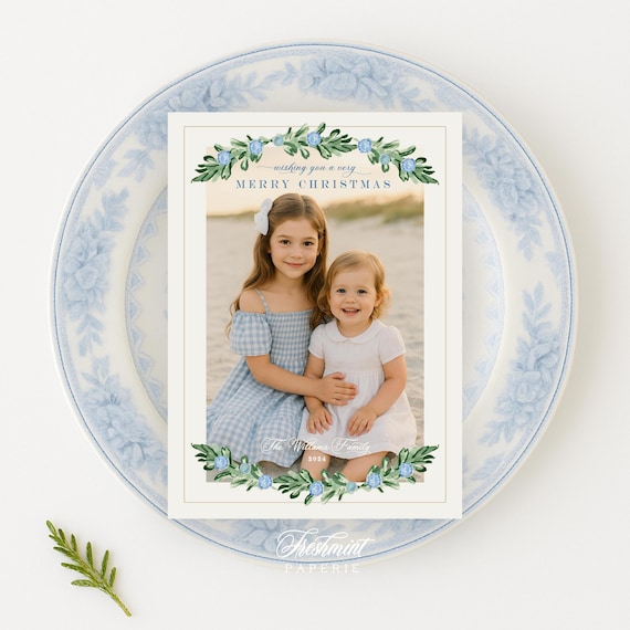 Blue Floral Photo Holiday Cards: Chinoiserie Christmas Wreath