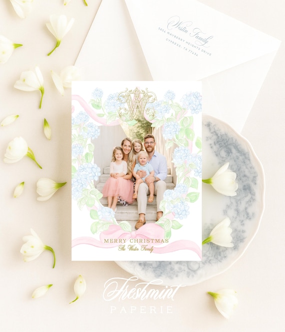 Watercolor Hydrangea Holiday Photo Cards: Grandmillennial Christmas