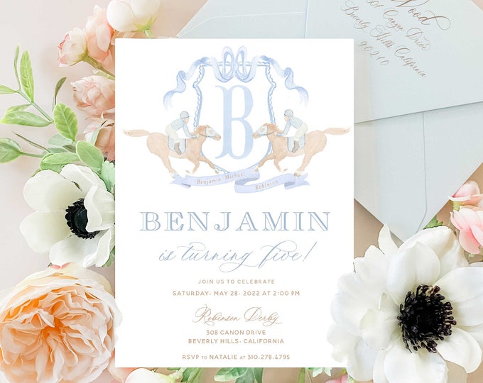 Derby Birthday invitation - Watercolor Horse Racing Crest Birthday Invitation - Equestrian invitation - Horse Riding invitation - Monogram