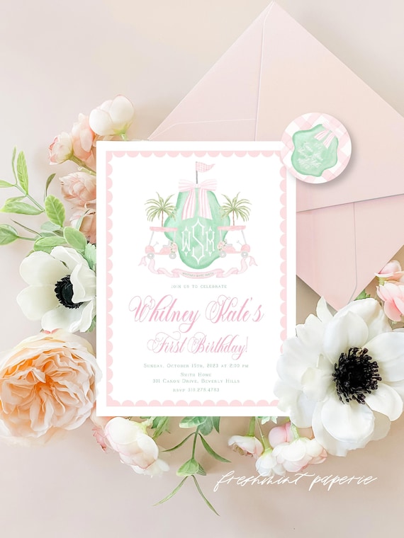Golf invitation, Preppy Pink Golf invitation, Girls Golf invitation, Golf Birthday invitation, Golfing Invitation, Gingham, Monogram