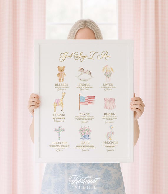 God Says I Am, Bible nursery print, Scripture nursery art, Baptism gift, Watercolor Nursery print, Christian Nursery art, Baptism Gifts