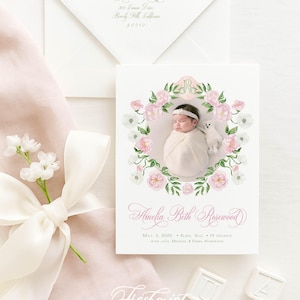 Anuncio de nacimiento floral con escudo de acuarela, anuncio de bebé en acuarela, anuncio de nacimiento, anuncio de nacimiento con monograma, bienvenido bebé