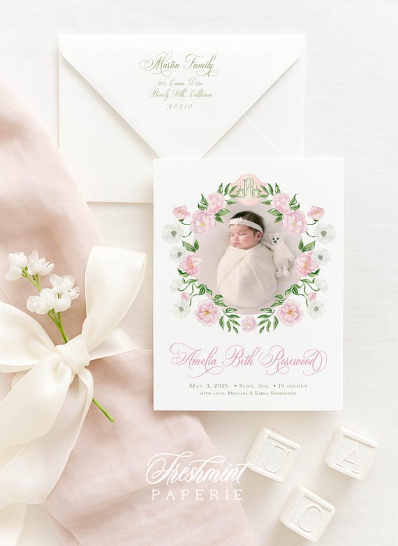 Watercolor Crest Floral Birth Announcement, Watercolor Baby Announcement, Birth Announcement, Monogram Birth Announcement, Welcome Baby