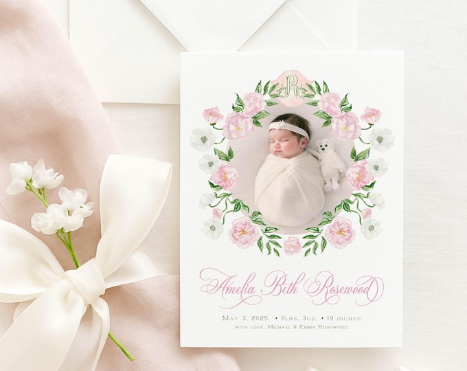 Watercolor Floral Crest Baby Announcement