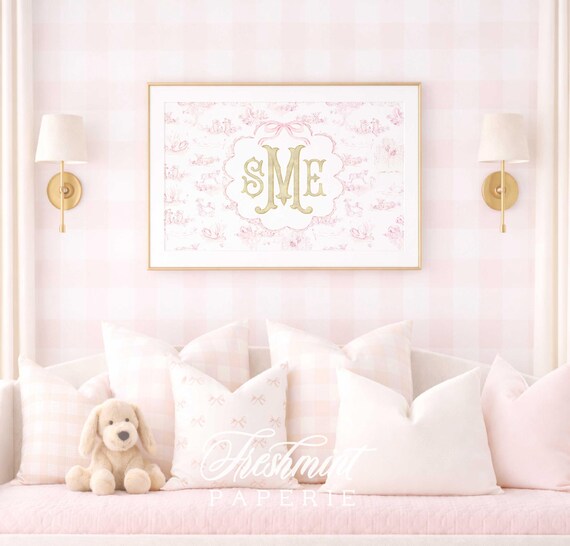Pink Toile Monogram Nursery Art Print: Custom Baby Girl Decor