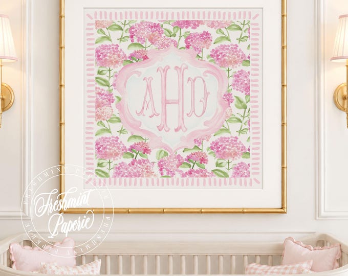 Monogram Wall Art, Monogram, Pink, Grandmillennial, Watercolor, Chinoiserie, Hydrangeas