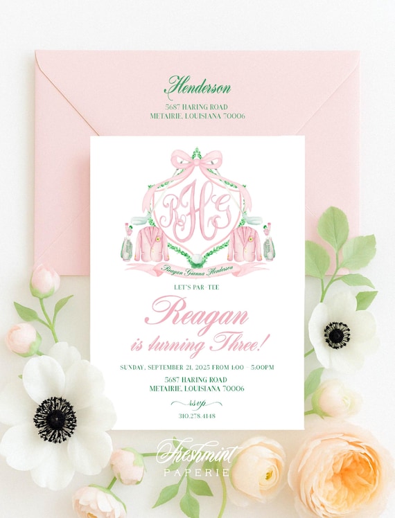 Golf invitation, Preppy Pink Golf invitation, Girls Golf invitation, Golf Birthday invitation, Golfing Invitation, Gingham, Monogram