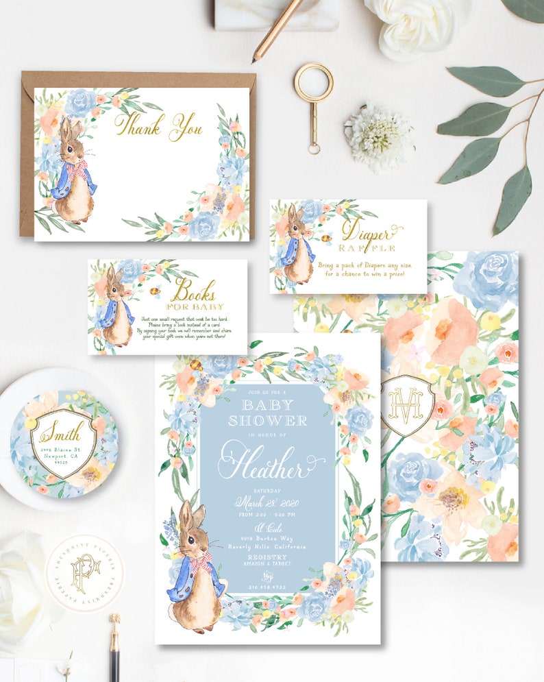May include: A blue and white baby shower invitation featuring a watercolour illustration of a bunny rabbit wearing a blue jacket and a floral wreath. The invitation includes the text "Join me for a Baby Shower in honour of Heather" and the date "Saturday, March 28, 2020".