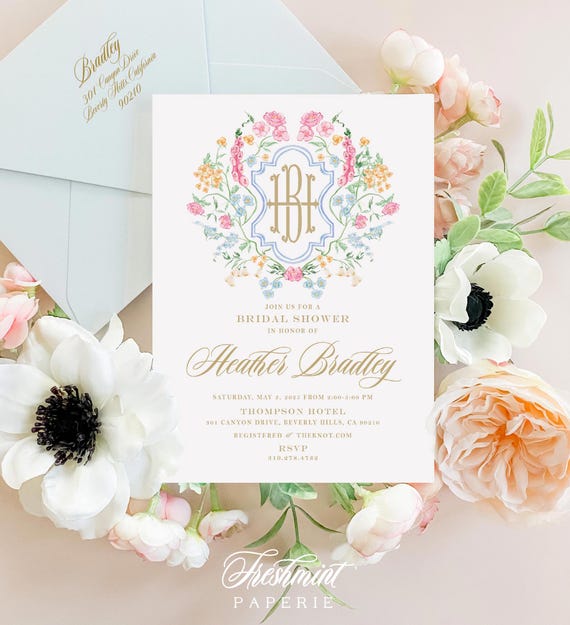 Bridal Shower Invitation, Crest, Brunch Invitation, Monogram Crest invitation,  Floral Bridal Brunch, Chinoiserie invite, Monogram, Luncheon