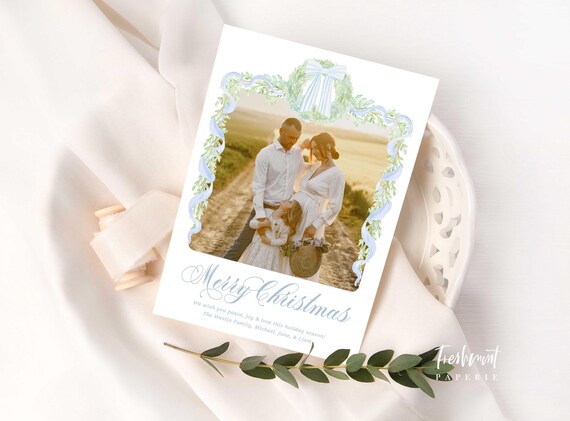 Blue Floral Wreath Photo Christmas Card, Gingham Holiday Cards