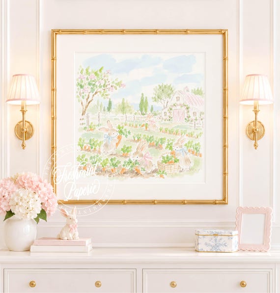 Nursery Art, Bunnies on Carrot Farm, Grandmillennial, Chinoiserie