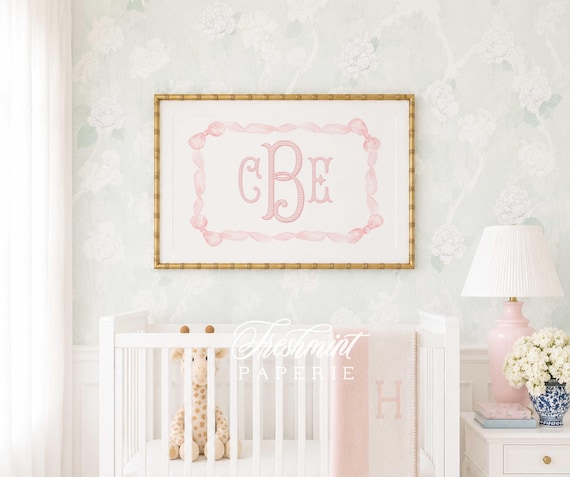Monogram Nursery Print, Watercolor Pink Bow, Custom Name Wall Art