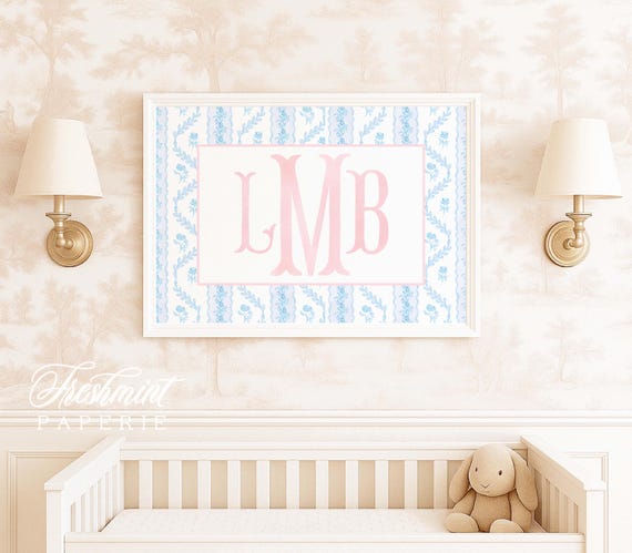 Watercolor Floral Monogram Nursery Print: Custom Chinoiserie Wall Art