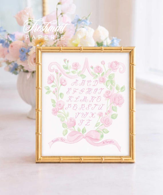 Pink Bow Alphabet Nursery Print, Watercolor, Custom Name Wall Art, Floral Crest