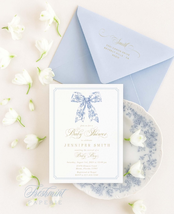 Toile Bow invitation, Baby Shower Invitation, Baby Boy Shower Invitations, Watercolor Blue Bow invitation, Chinoiserie, Toile