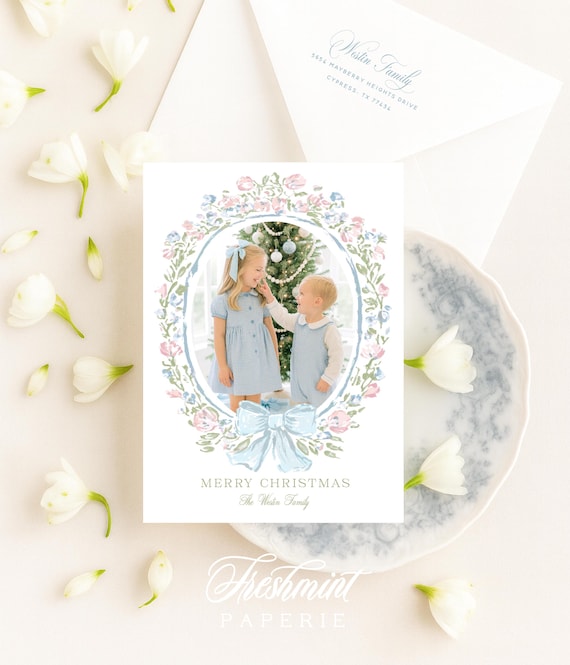 Watercolor Christmas Photo Cards: Gingham Floral Holiday Card, Grandmillennial