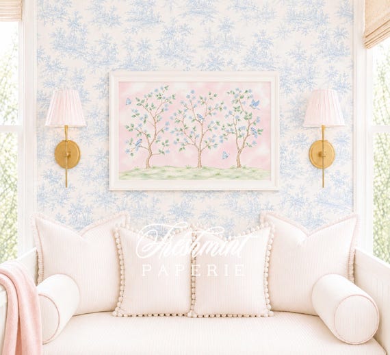 Chinoiserie wall art, Watercolor, Grandmillennial, Floral, Cherry Blossom, Grandmillennial