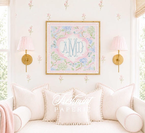 Monogram Wall Art, Monogram, Medallion, Grandmillennial, Watercolor, Chinoiserie, Hydrangeas