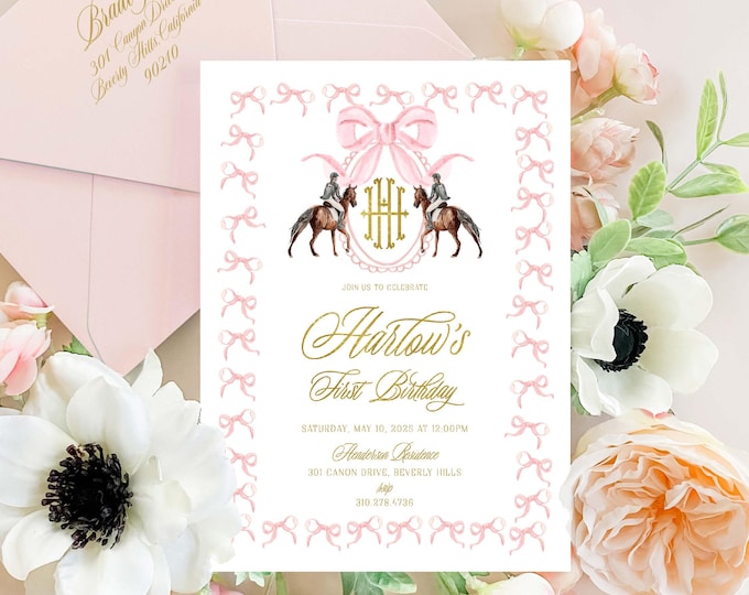 Watercolor Horse Birthday Invitation: Equestrian Derby, Pink Monogram