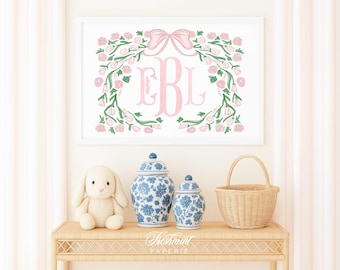 Watercolor Floral Monogram Nursery Print, Custom Wall Art