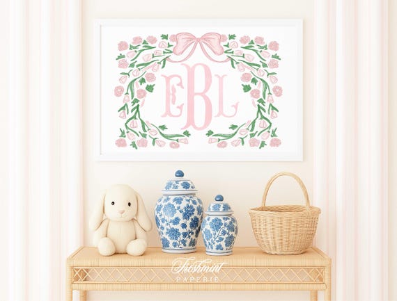 Watercolor monogram Floral nursery Wall Art, Nursery name print, Monogram Nursery, Custom nursery wall art, Whimsical floral nursery art