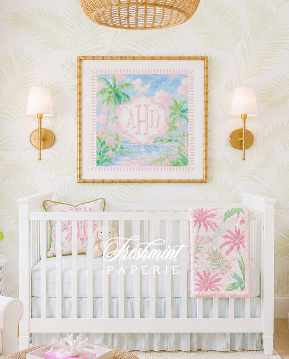 Monogram Wall Art, Monogram, Pink, Grandmillennial, Watercolor, Tropical, Palm Trees