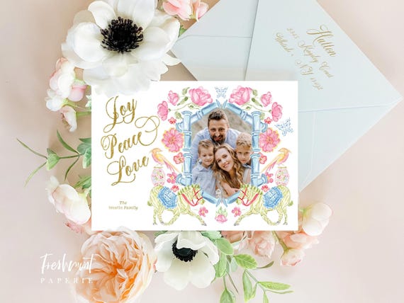 Bamboo Photo Christmas Cards, Floral Wreath, Monogram