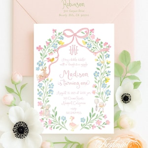 Mother Goose invitation, Hey Diddle Diddle invitation, Nursery Rhyme Birthday invitation, Goose, Humpty, Gingham, Grandmillennial, Whimsical