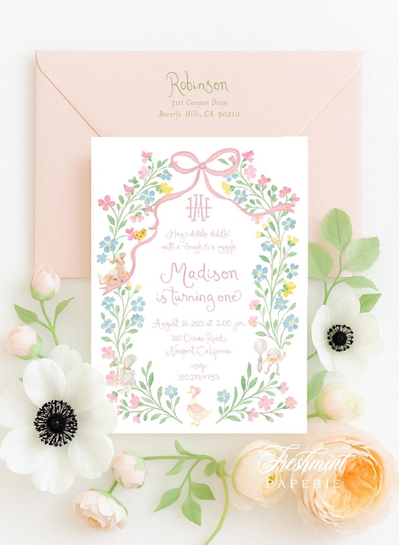 Mother Goose invitation, Hey Diddle Diddle invitation, Nursery Rhyme Birthday invitation, Goose, Humpty, Gingham, Grandmillennial, Whimsical
