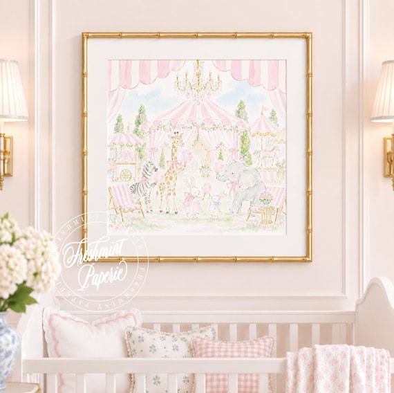 Nursery Wall Art, Bunny art, at the Carnival, Cotton Candy, Grandmillennial, Chinoiserie