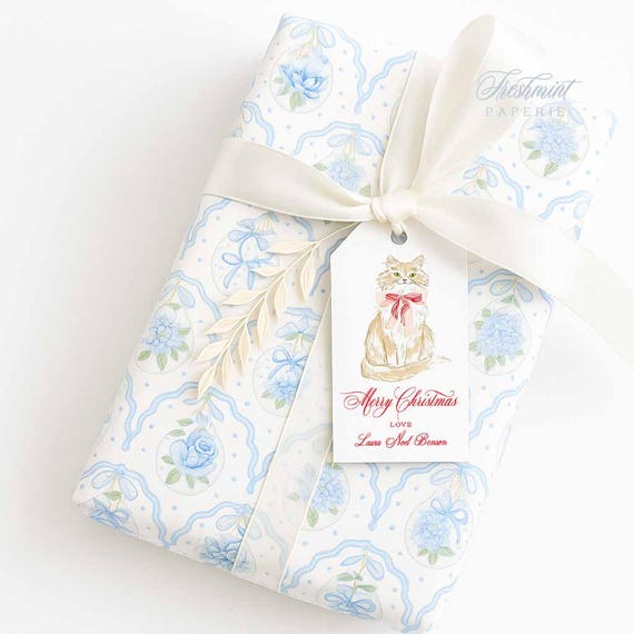 Cat Christmas Gift Tags, Watercolor, Kitty, Red ribbon