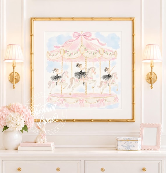 Nursery Wall Art, Ballerina Carousel, Tutu, Grandmillennial, Chinoiserie