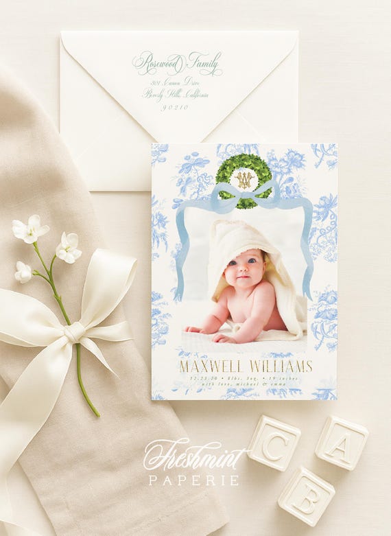 Watercolor Birth Announcement, Boy Birth Announcement, Birth Announcement, Chinoiserie Birth Announcement, Birth Announcement, Welcome Baby