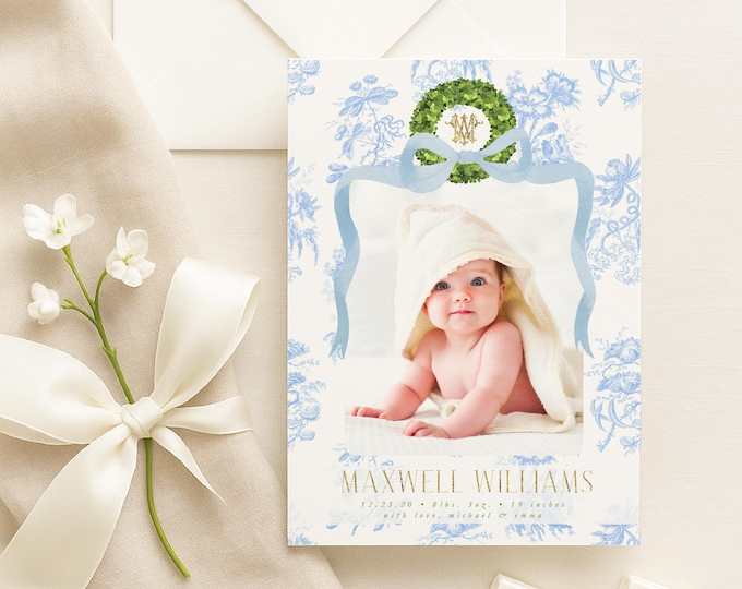Watercolor Birth Announcement, Boy Birth Announcement, Birth Announcement, Chinoiserie Birth Announcement, Birth Announcement, Welcome Baby