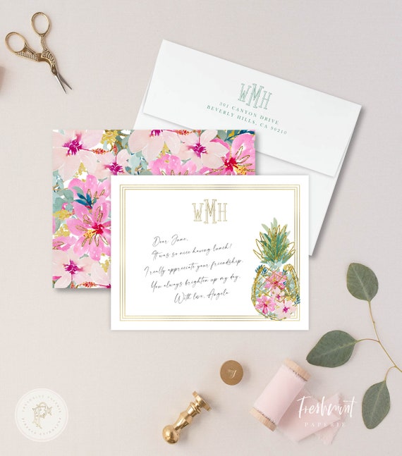 Personalized Stationery - Monogram Note Cards - Pineapple Note Cards - Stationery Suite - Pineapple Floral Watercolor - Set 17