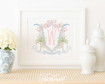 Tropical Watercolor Floral Monogram Nursery Print, Custom Name Wall Art